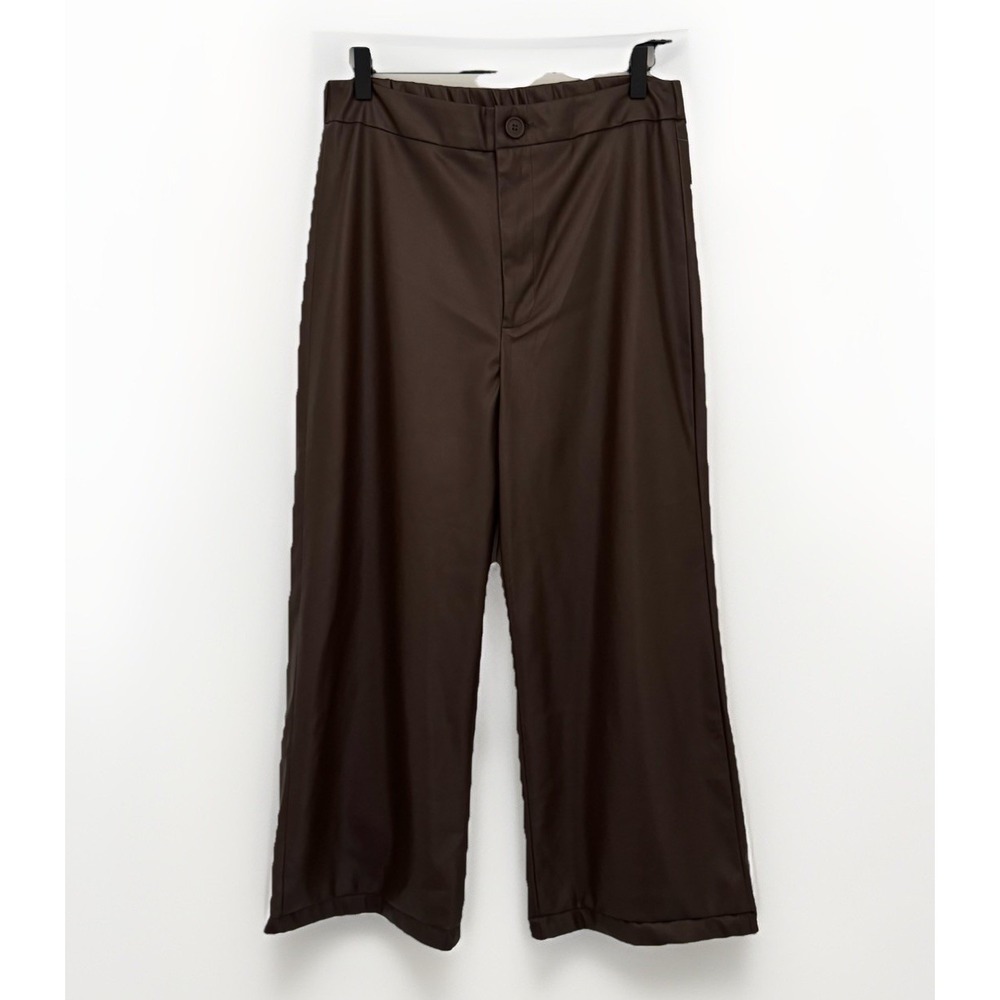 AMBIANCE APPERAL Pants Womens L Brown Faux Leather Trousers High-Rise Wide Leg